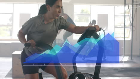 Animation-of-data-processing-on-blue-graph-over-caucasian-woman-cross-training-on-elliptical-at-gym