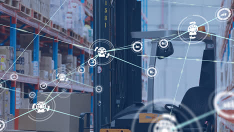 Animation-of-network-of-digital-icons-against-close-up-of-forklift-machine-at-warehouse