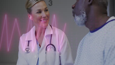 Animation-Eines-Herzfrequenzmessers-über-Einer-Ärztin,-Die-Im-Krankenhaus-Mit-Einem-Männlichen-Patienten-Spricht