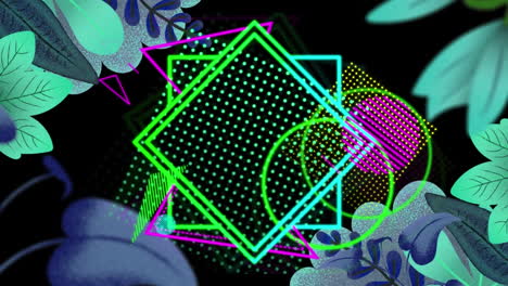 Animation-of-multi-coloured-neon-shapes-moving-over-leaves-on-black-background