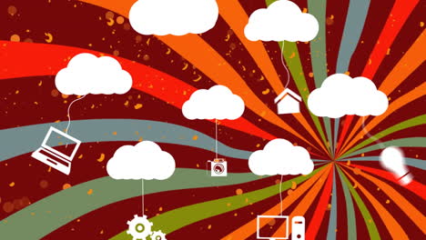 Animation-Mehrerer-Digitaler-Symbole,-Die-An-Wolkensymbole-Vor-Einem-Farbenfrohen-Radialen-Hintergrund-Gebunden-Sind