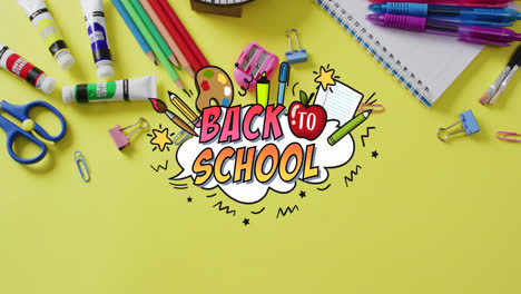 Animation-of-back-to-school-text-over-school-items-on-yellow-background