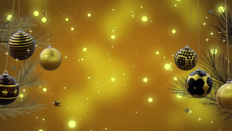 Christmas-trees-with-swinging-black-and-gold-baubles-over-yellow-bokeh-and-light-spots,-copy-space