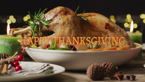 Animation-of-happy-thanksgiving-text-and-dinner-on-table-background