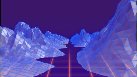 Animation-of-3d-model-of-mountains-on-grid-pattern-against-abstract-background