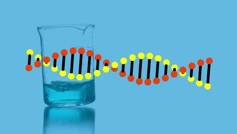 Animation-Eines-DNA-Strangs,-Der-über-Einem-Laborbecher-Mit-Flüssigkeit-Auf-Blauem-Hintergrund-Rotiert