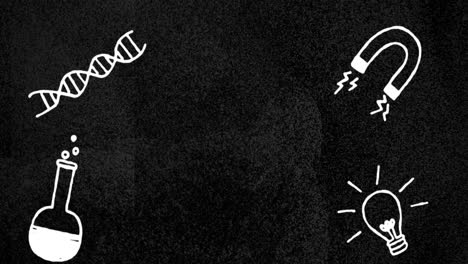 Animation-Von-Wissenschaftskonzeptsymbolen-über-Wechselndem-Grunge-Effekt-Auf-Schwarzem-Hintergrund-Mit-Kopierraum