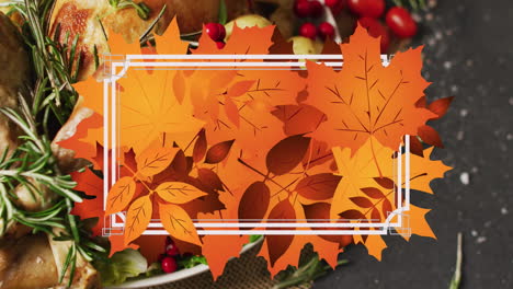 Animation-Eines-Weißen-Rahmens-Und-Herbstlaubs-Auf-Dem-Hintergrund-Des-Thanksgiving-Dinners