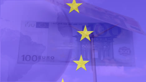 Animation-Von-Geld-über-Der-EU-Flagge