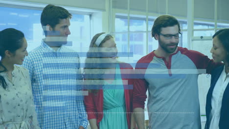 Animation-of-graphs-over-diverse-coworkers-standing-and-discussing-in-office