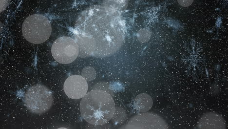 Animation-of-snow-falling-over-light-spots-on-black-background