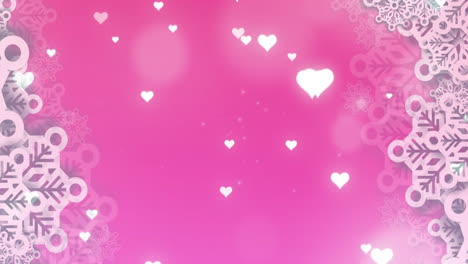 Animation-of-glowing-heart-icons-against-snowflakes-pattern-on-pink-background-with-copy-space