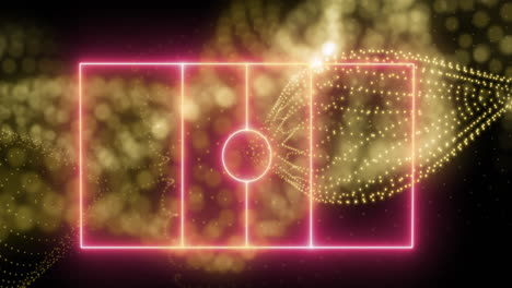 Animation-Des-Neonfarbenen-Sportplatzlayouts-über-Einer-Goldenen-Digitalen-Welle-Vor-Schwarzem-Hintergrund