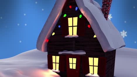 Animation-Von-Schneeflocken-über-Einem-Haus-In-Einer-Winterlandschaft-Vor-Blauem-Hintergrund-Mit-Kopierraum