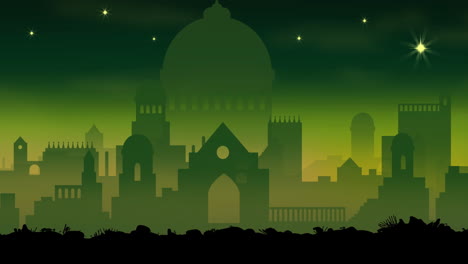 Animation-of-city-and-stars-on-green-background