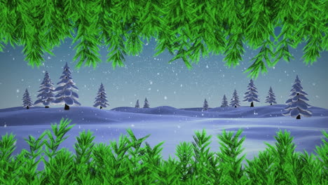 Animation-of-green-branches-and-snow-falling-over-trees-on-winter-landscape