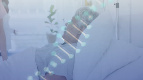 Animation-of-dna-strand-over-senior-biracial-female-patient-with-nurse,-lying-in-hospital-bed