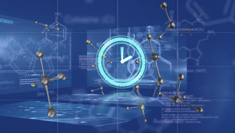 Animation-of-moving-clock-and-molecules-over-data-processing-and-chemical-formula-on-blue-background