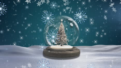 Animation-of-christmas-tree-in-snow-globe-over-snow-falling