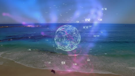 Animation-Eines-Verbindungsnetzwerks-Und-Eines-Globus-über-Einem-Strand