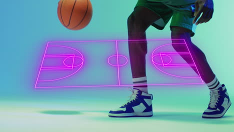 Animation-Eines-Rosa-Basketballplatzes-über-Einem-Afroamerikanischen-Männlichen-Basketballspieler,-Der-Mit-Einem-Ball-Springt
