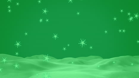 Animation-of-snowflakes-falling-over-winter-landscape-against-green-background-with-copy-space