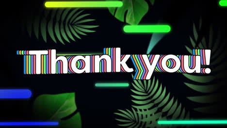 Animation-of-thank-you-text-and-gradient-light-trails-against-floral-pattern-on-black-background