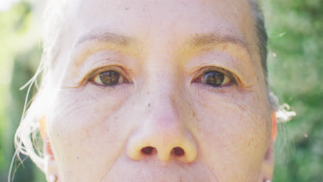 Portrait-close-up-of-eyes-of-senior-asian-woman-blinking-in-garden,-in-slow-motion