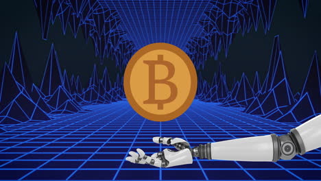 Animation-Von-Bitcoin-über-Einem-Digitalen-Tunnel-Mit-Roboterarm