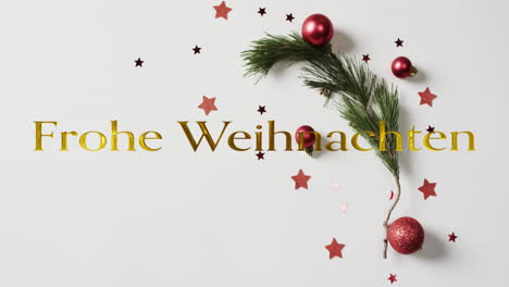 Animation-of-frohe-weihnachten-text-over-christmas-decorations-on-white-background