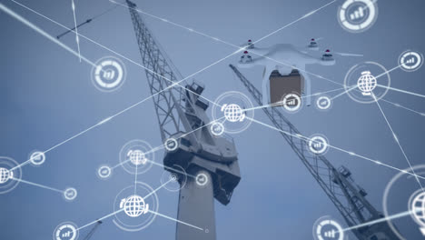Animation-of-network-of-connections-with-icons-over-drone-and-cranes