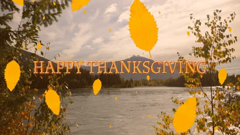 Animation-of-happy-thanksgiving-day-over-autumn-leaves-and-landscape
