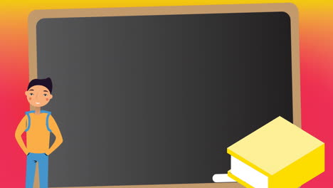 Animation-of-book,-school-boy-and-blank-chalkboard-icon-with-copy-space-against-gradient-background