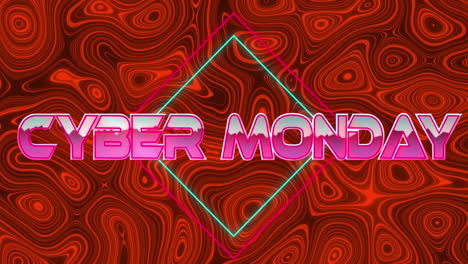 Animation-Des-Cyber-Monday-Verkaufstextes-über-Abstraktem-Flüssigem-Kaleidoskopmuster-Auf-Rotem-Hintergrund