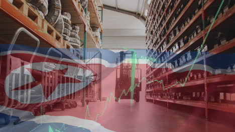 Animation-of-green-arrows-and-flag-of-north-korea-over-warehouse