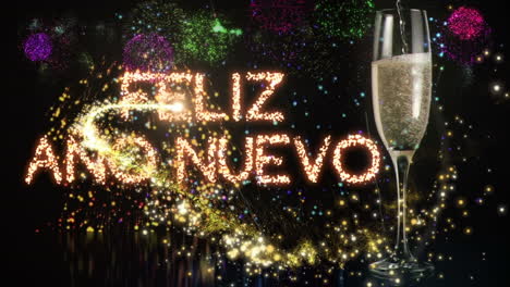 Animation-of-champagne-glass-and-feliz-ano-nuevo-text-banner-against-fireworks-exploding