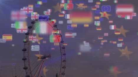 Animation-of-waving-eu-flag-over-eu-countries-flag-miniatures-floating-against-view-of-london-eye