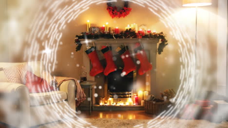 Animation-of-circles-and-light-spots-over-fireplace-with-christmas-decorations