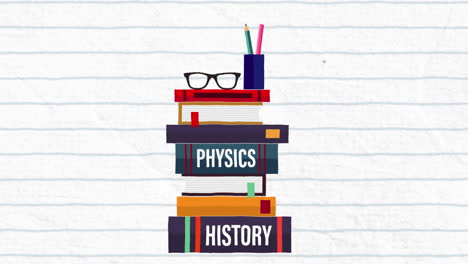 Animation-of-glasses-and-pencil-stand-over-stack-of-books-icon-against-white-lined-paper-background