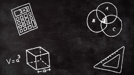 Animation-Von-Mathematik-Konzeptsymbolen-Vor-Schwarzem-Tafelhintergrund-Mit-Kopierraum