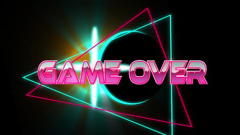 Animation-of-game-over-text-in-pink-shiny-letters-over-pink-and-blue-neon-shapes-and-lights-on-black