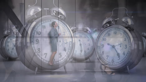 Animation-of-caucasian-businesswoman-running-in-clock-over-time-lapse-of-people-walking-in-office