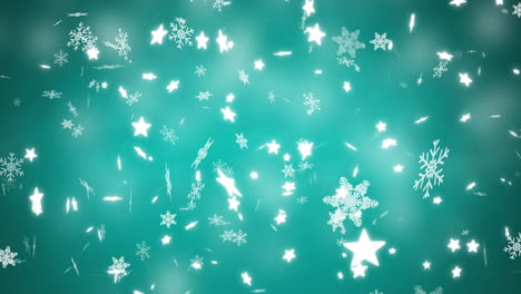Estrellas-De-Navidad-Blancas-Y-Copos-De-Nieve-Cayendo-Sobre-Fondo-Azul-Bokeh