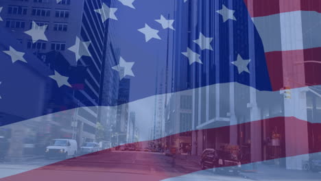 Animation-of-waving-usa-flag-against-view-of-tall-buildings-in-the-city