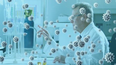 Animation-Von-Viruszellen-über-Einem-Kaukasischen-Männlichen-Arzt-Im-Labor