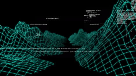 Animation-of-data-processing-over-3d-metaverse-structures-in-seamless-pattern-on-black-background