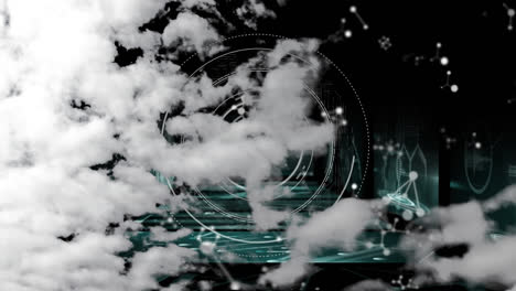 Animation-Von-Wolken,-Schwebenden-Molekülen-Und-Radar-über-Einer-Infografik-Oberfläche