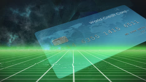 Animation-of-credit-card-over-grid-and-wave-ondark-background