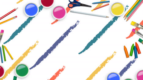 Animation-of-school-materials-over-stroke-of-crayons