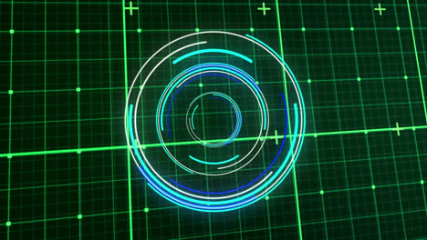 Animation-of-lines-moving-in-illuminated-circles-over-grid-pattern-against-abstract-background